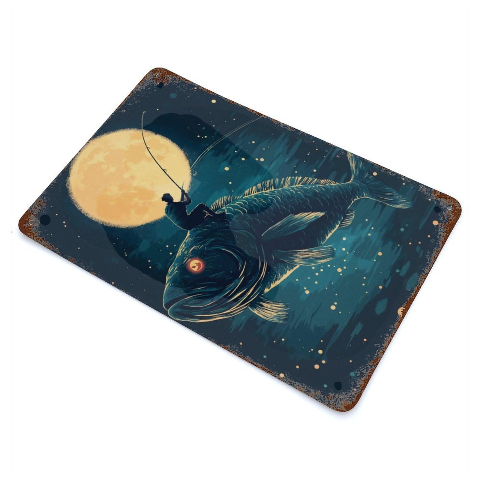 Man Fishing on Giant Fish Vintage Metal Tin Sign 11.8"x7.9", Farmhouse Wall Decor for Living Room, Hallway And Home Decor