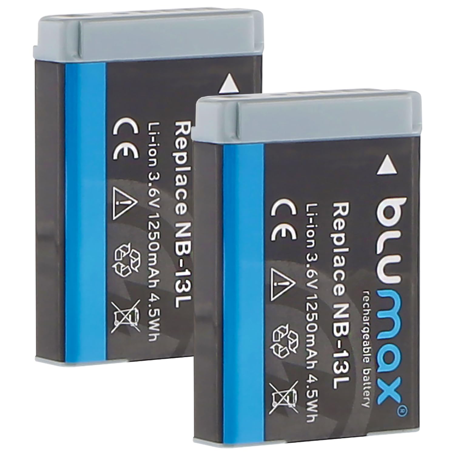 Blumax Lot de 2 batteries compatibles avec Canon NB-13L, 1250 mAh, pour PowerShot G1, Mark III, G5, G9, Mark II, G7, Mark III, SX730 HS, SX740 HS