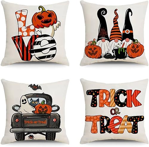 Juego de 4 fundas de almohada de Halloween de 18 x 18 pulgadas fundas de almohada para sofá o sillón casa de campo para fiesta de Halloween