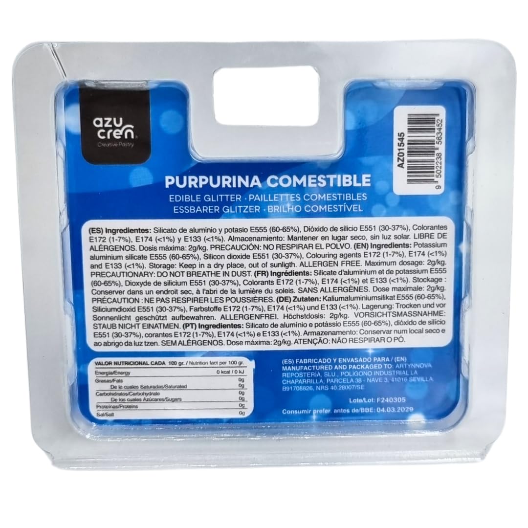Azucren, Paillette Alimentaire, Paillette Alimentaire cocktail, Poudre Pailletée Comestible, Idéale pour la Décoration de Gâteaux, de Fondants, de Crème au Beurre, 5 Grammes. AZUSHINE (Bleu)