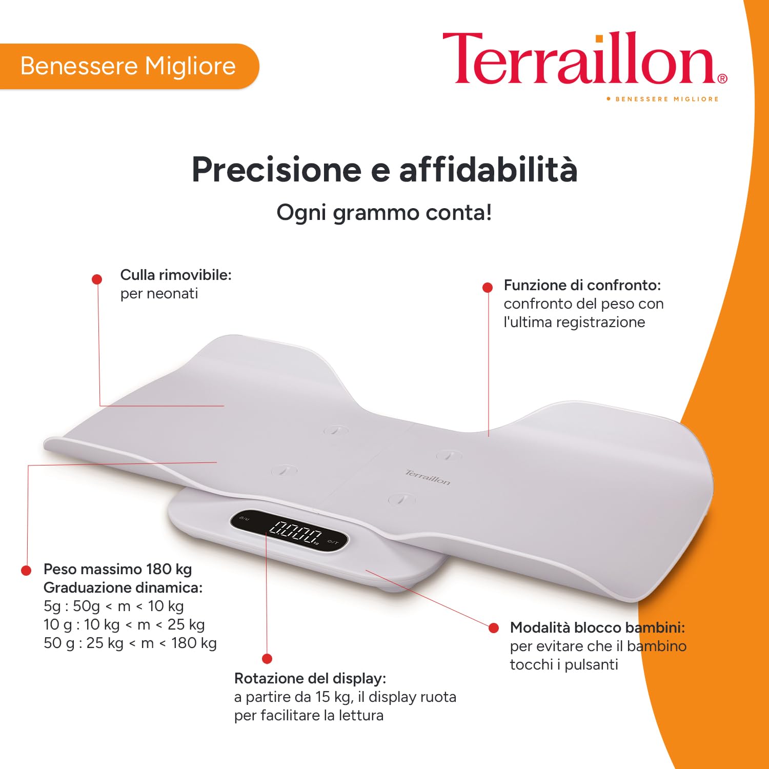 TERRAILLON - BABY FIT - Pesa bambino 2 in 1 elettronica, navicella staccabile, funzione confronto peso, blocco bambino, gradazione 5-10-15 g, capacità 180 kg copertura inclusa, bianco