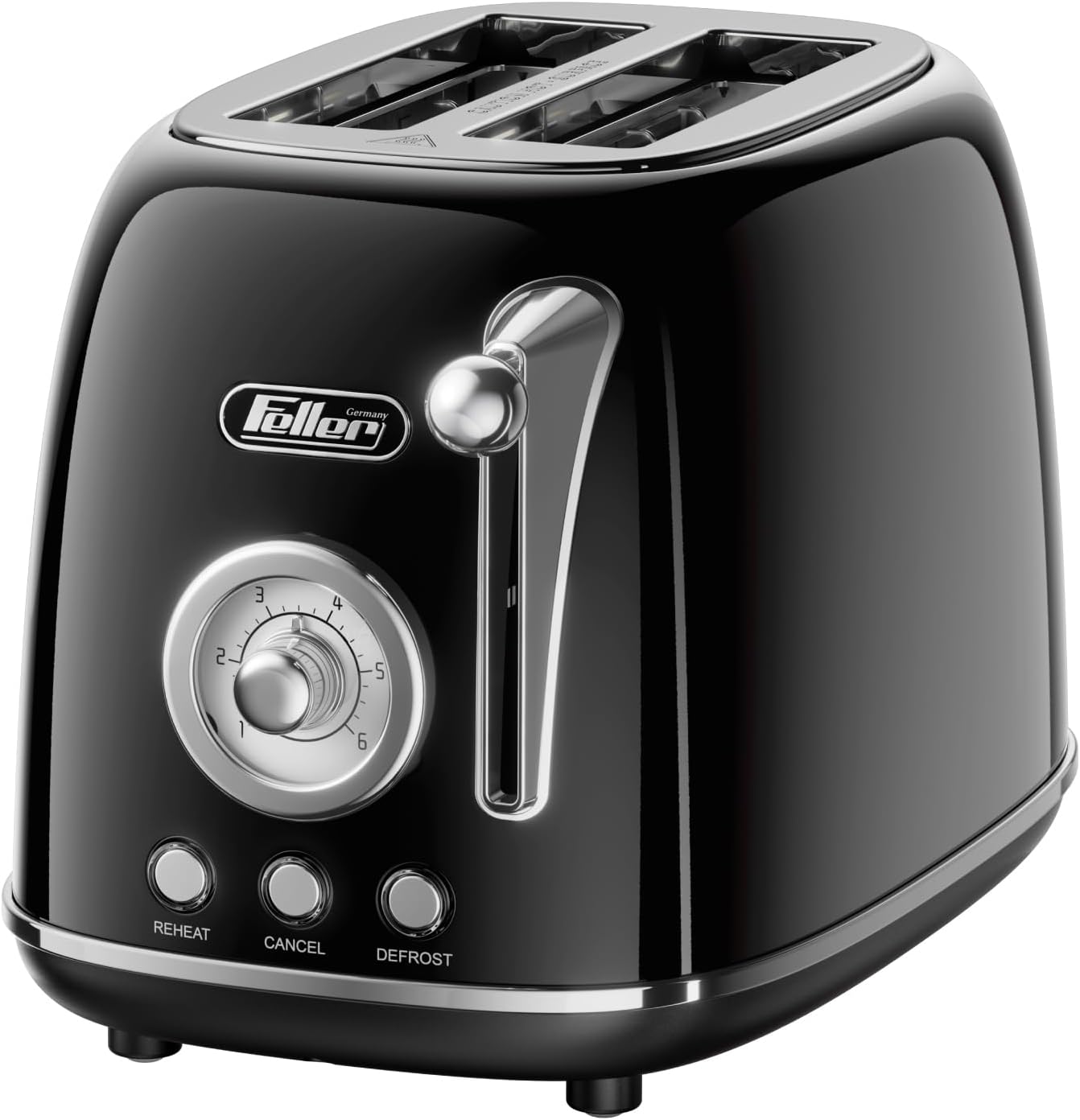Feller Germany, Retro Style 2-Slice Toaster, 815 W, Steel Body, Steel Dust Cover & Bun Warmer,Defrost, Reheat & Cancel Function,Removable Crumb Tray, TO290, 2Y Guarantee, UAE Version (Glossy Black)
