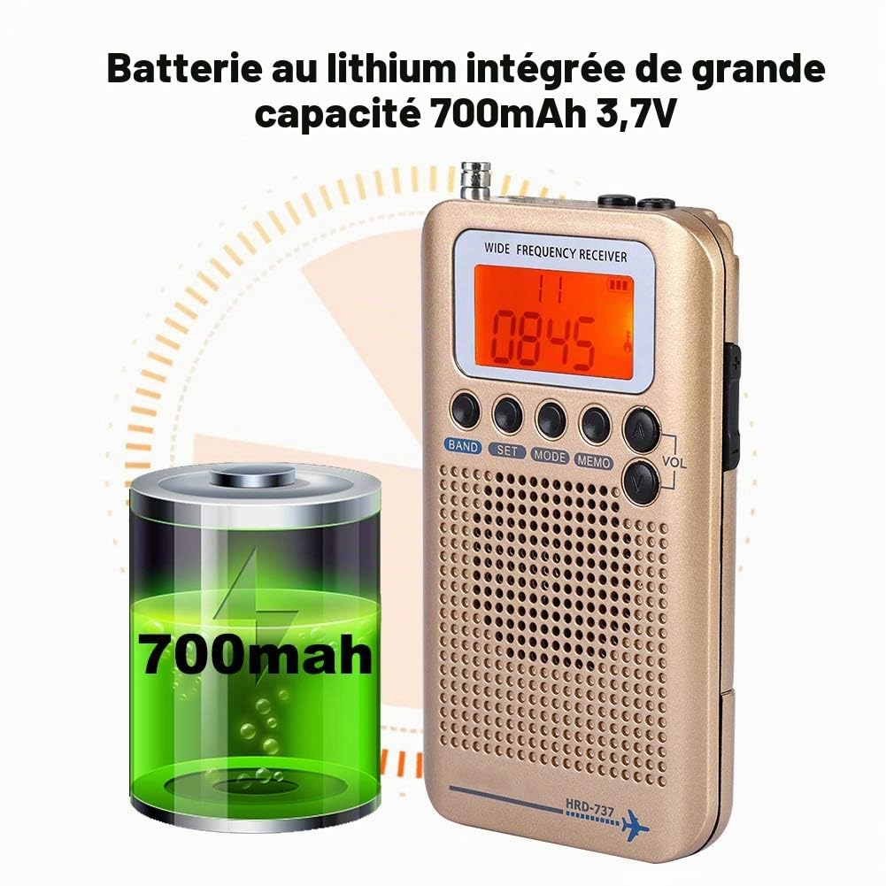 Diyeeni Récepteur Radio Multifonctionnel Portable Rechargeable Noir Jaune, FM/AM/CB/SW/VHF/Aviation, Haut-Parleur, Casque, Affichage LCD, Antenne Externe, Cordon