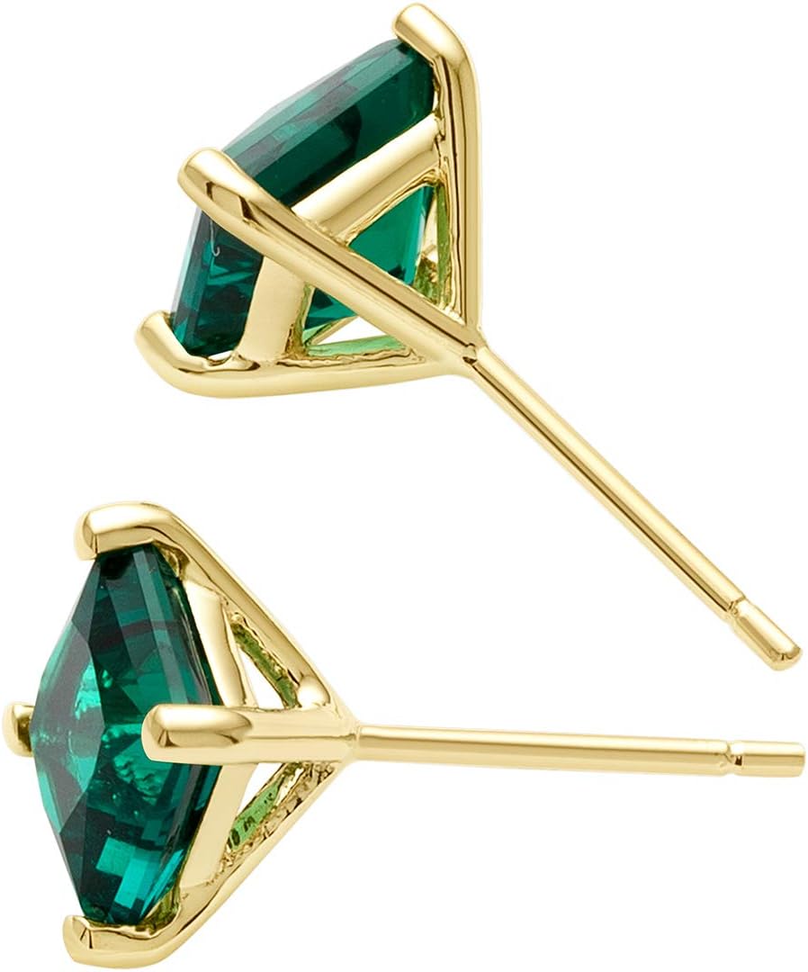 Peora Solid 14K Yellow Gold Created Emerald Stud Earrings for Women, Classic Solitaire, Hypoallergenic Princess Cut, 6mm, 2 Carats total, Friction Back, Dainty Green Earrings, Emerald Jewelry