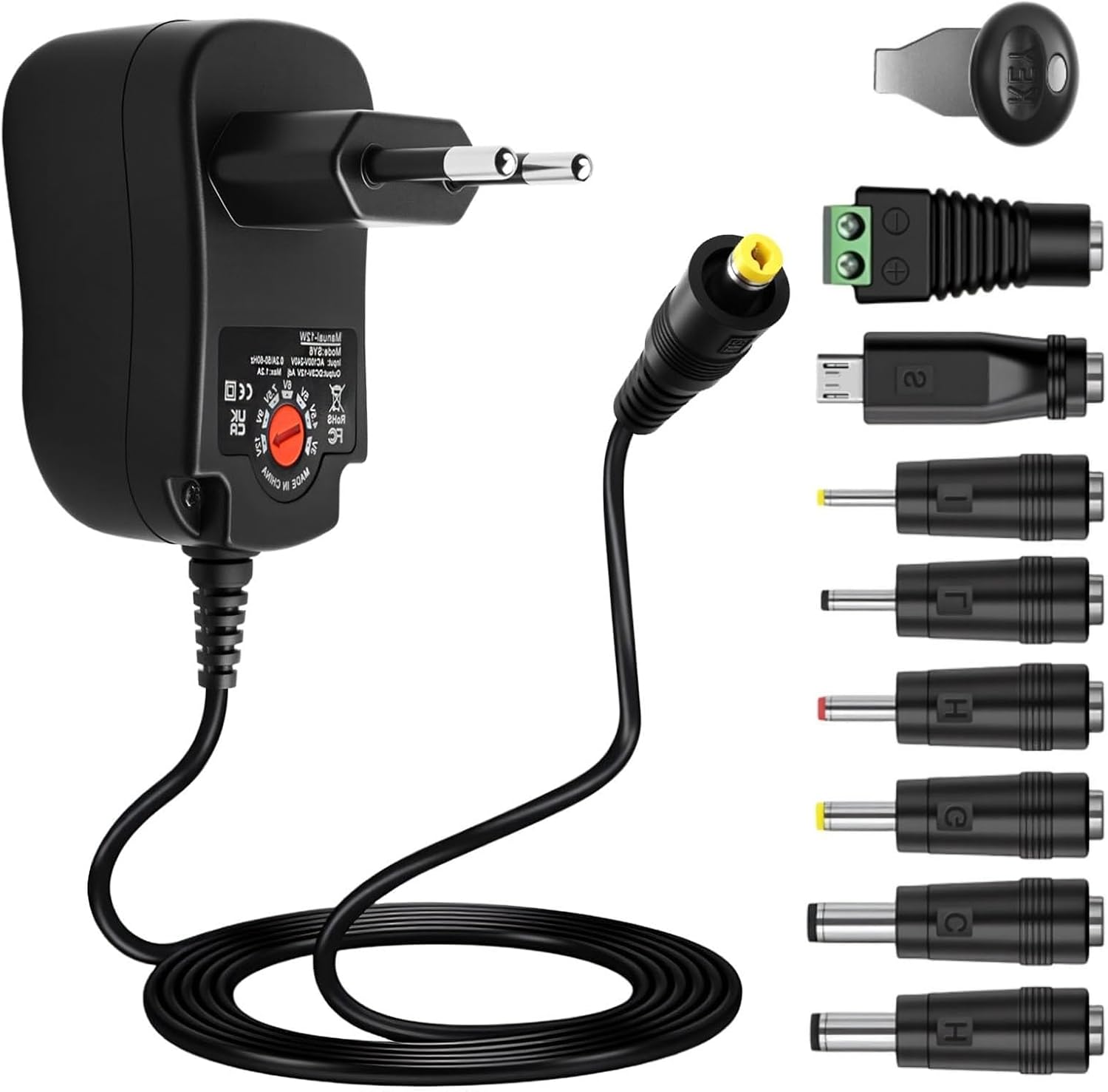 12W Universal AC DC Power Supply 3V 4.5V 5V 6V 7.5V 9V 12V with 8 DC Ports Multi Voltage Transformer Charger for Home Appliances LED Routers TV Boxes Cameras Max 1000mA