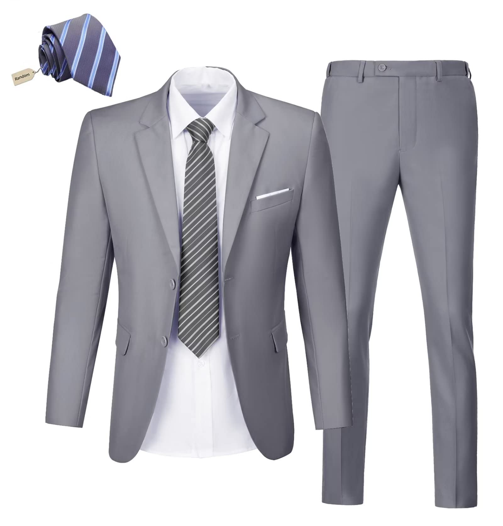 KLAYOVEMens 2 Piece Suit Set Slim Fit 2 Button Dress Suits Tuxedo Set Wedding Blazer Jacket Pants Tie Business Party Prom Suit