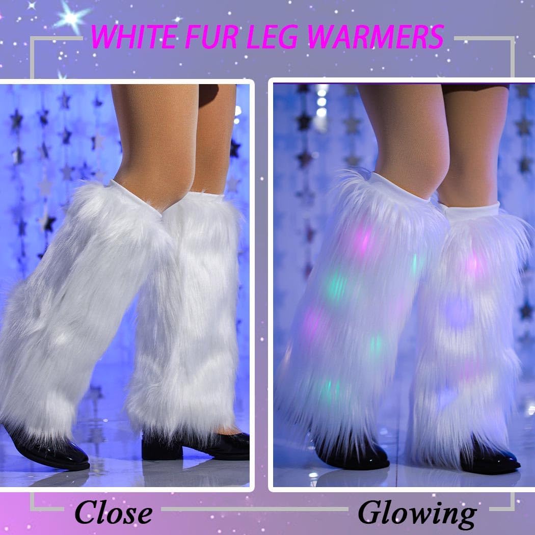 White Fur Leg Warmers Light Up Furry Leg Warmers 70s 80s Dance Hosiery Fluffy LED Long Boots Cover Sexy Carnival Costume Rave Accessories for Women Winter