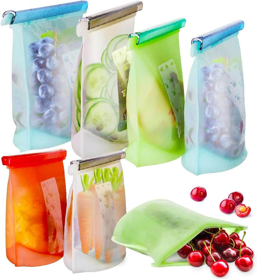 Reusable Silicone Food Storage Bags, 7 Pack Airtight Seal Food Silicone Bag Container for Liquid,Meat,Sandwich,Fruit, Reusable Food Preservation Bag, 2xLarge+2xMedium+3xSmall, Dishwasher Safe