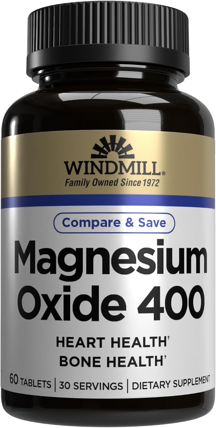 Windmill Natural Vitamins Magnesium Oxide 400 mg, Immune Support, Supports Muscle Recovery, Supports Healthy Heart, 60 Count, 30 Servings