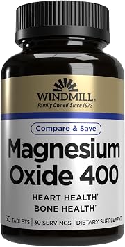 Windmill Natural Vitamins Magnesium Oxide 400 mg, Immune Support, Supports Muscle Recovery, Supports Healthy Heart, 60 Count, 30 Servings