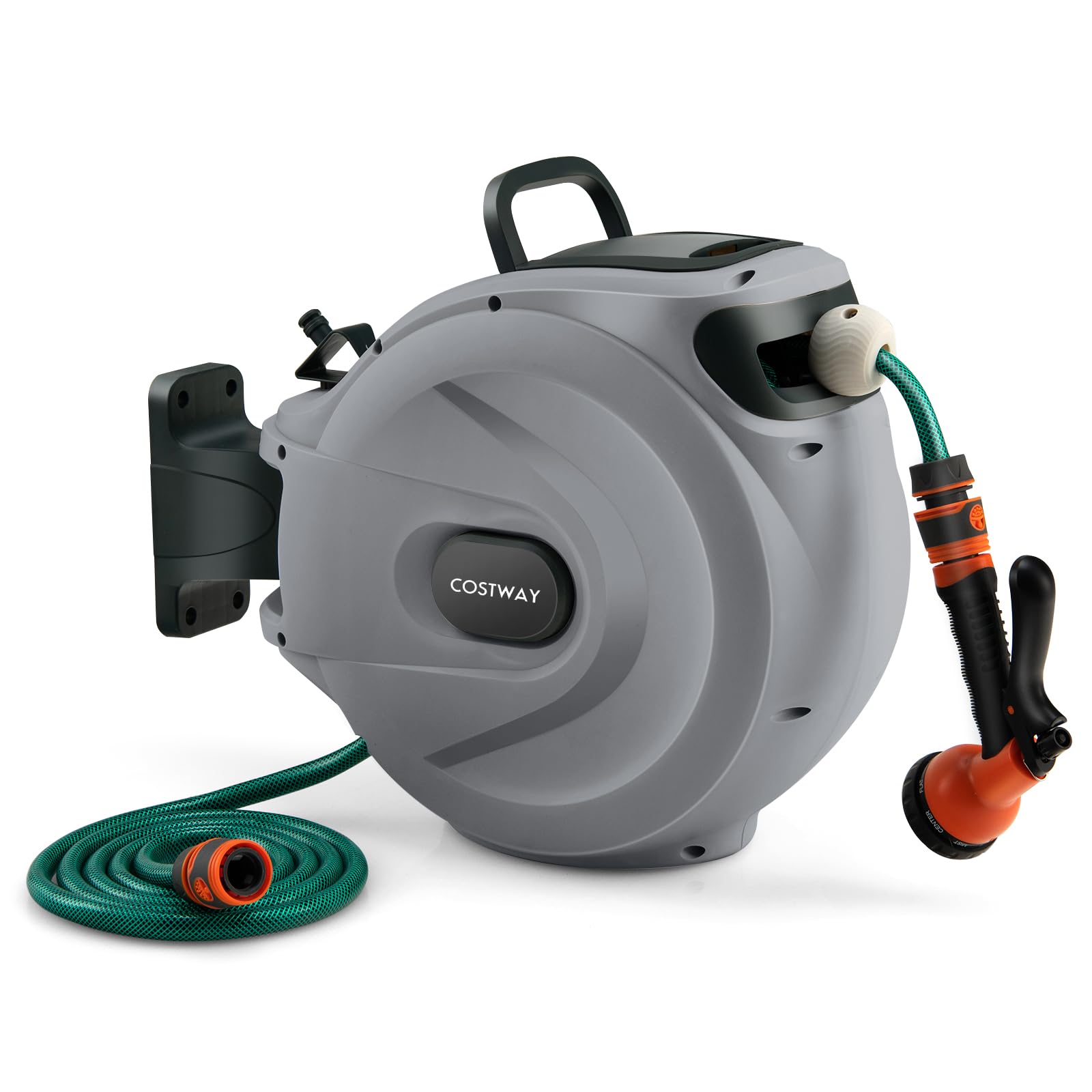 COSTWAY Retractable Hose Reel, 8 in 1 Nozzle Wall Mounted Garden Hose with 15+1M/20+2M/30+2M Pipe, Hose Locking Mechanism, 180°Swivel & Auto Rewind Design (Grey, 15+1M Pipe, 38 x 20 x 37cm)