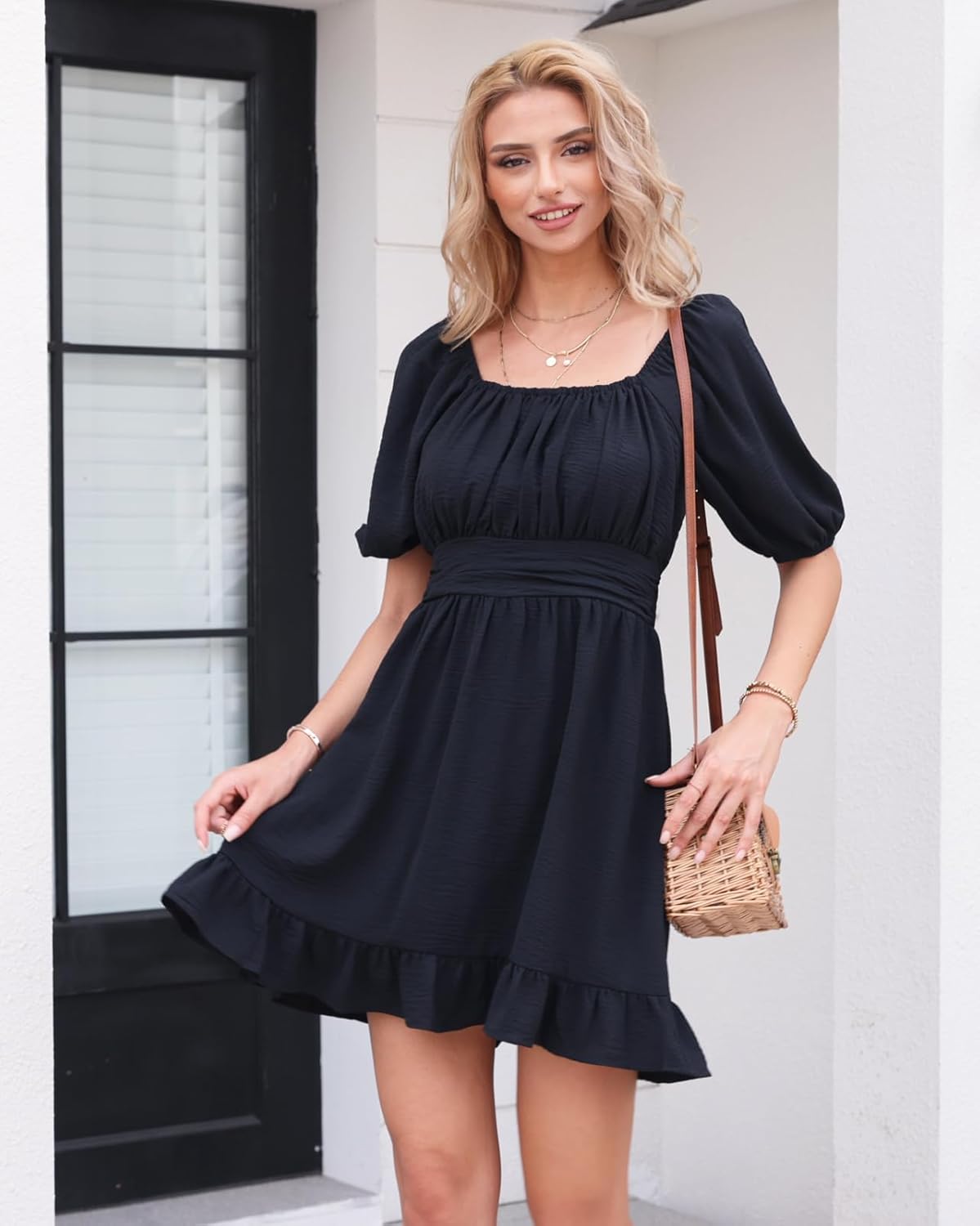 Fuinloth Womens Summer Sun Dresses Tied Back Puff Sleeve Square Neck Casual A-line Dress - Image 3