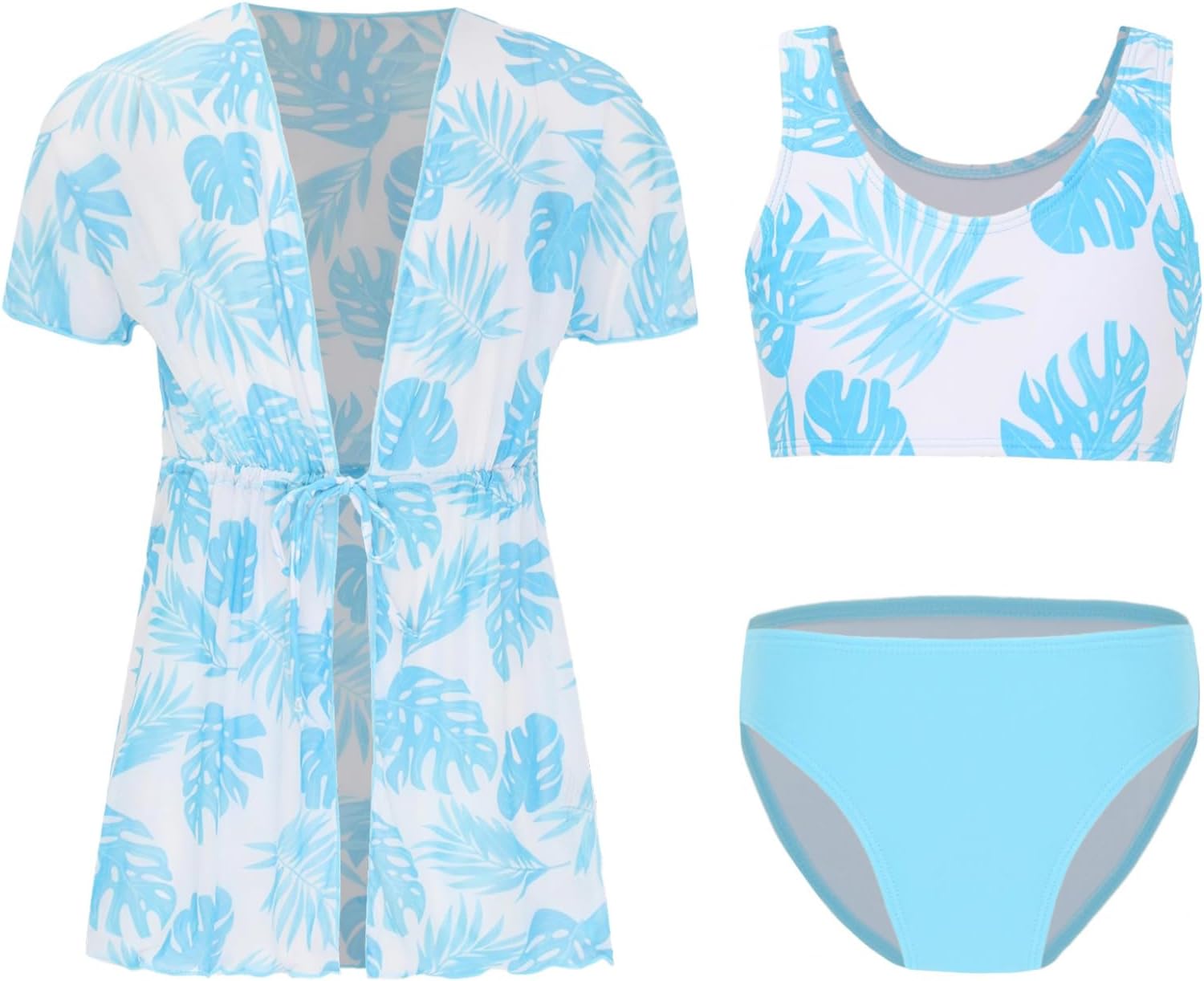 Kids Girls 3Pcs Tropical Print Swimsuit Straps Swim Tops Bottom with Dress Cover Up Kimono Set