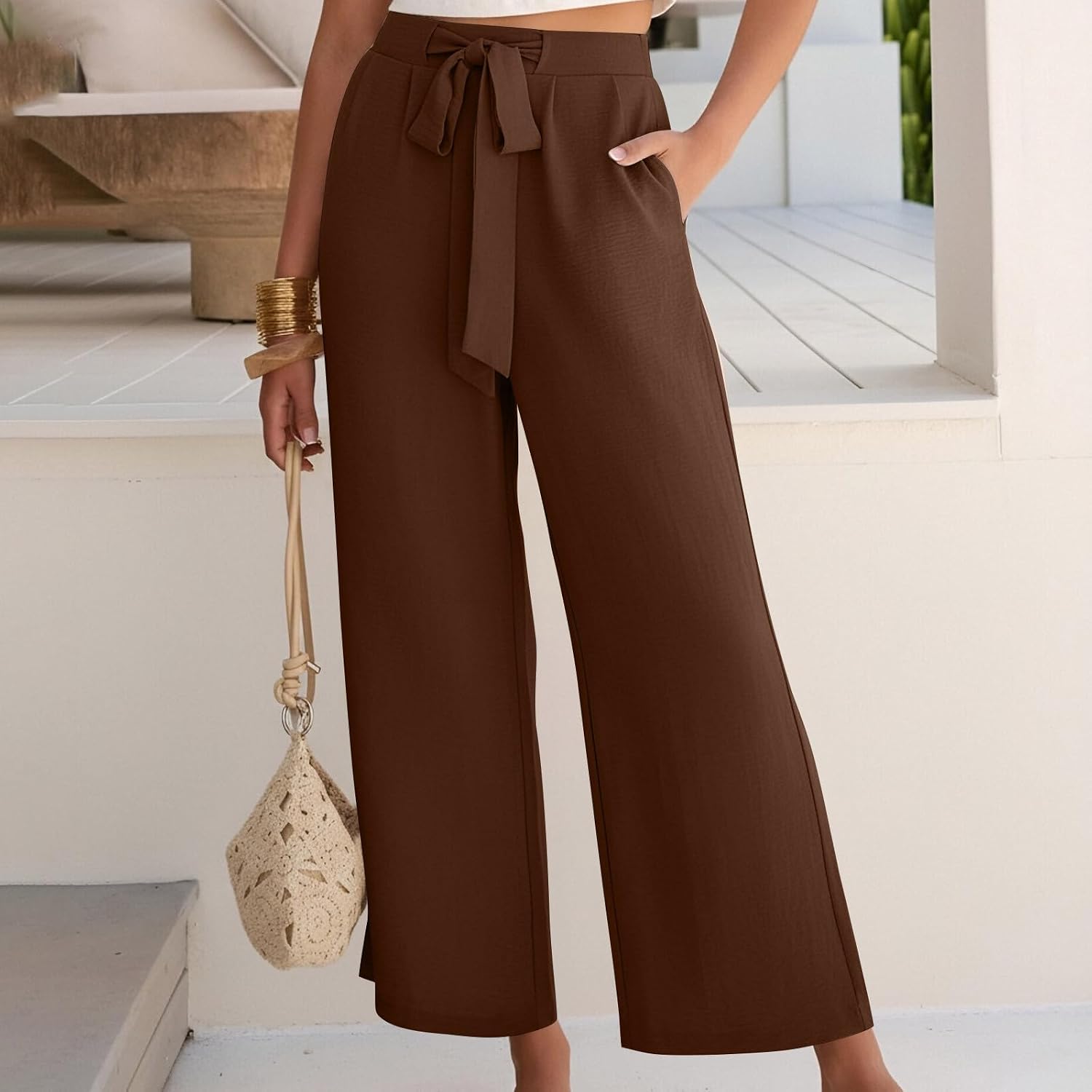 Women's Capri Pants Wide Leg Drawstring Elastic Waist Casual Cropped Pants Summer Beach Vacation Clothes Outfits