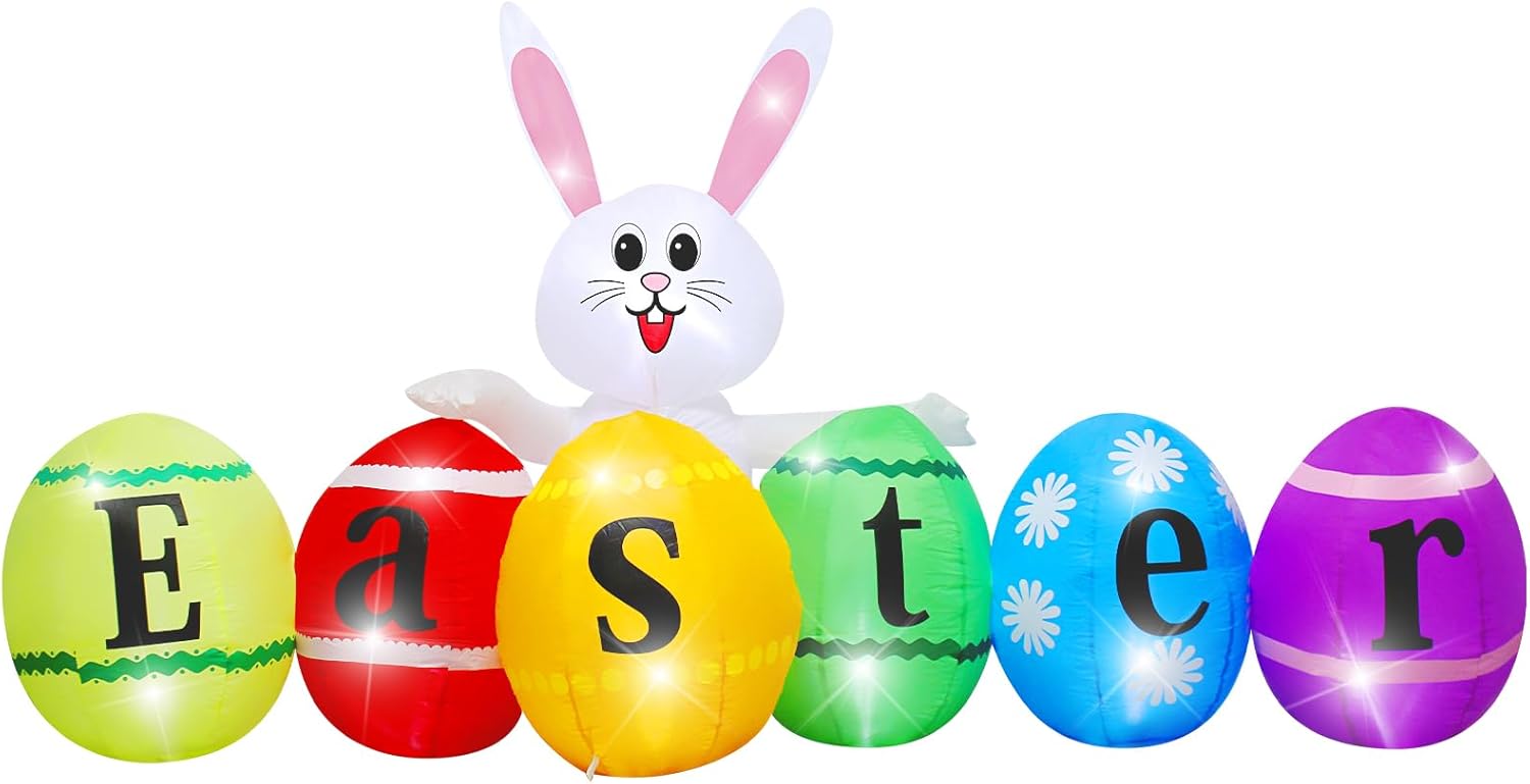 8 Feet Long Easter Inflatable Bunny with Eggs, Bulit-in LED Lights, Blow Up Rabbit Decor for Indoor Outdoor Yard Lawn Porch Garden Spring Holiday Decoration