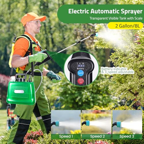 Upgraded 2 Gallon Electric Garden Sprayer with 3 Speed Settings & 4 Nozzles