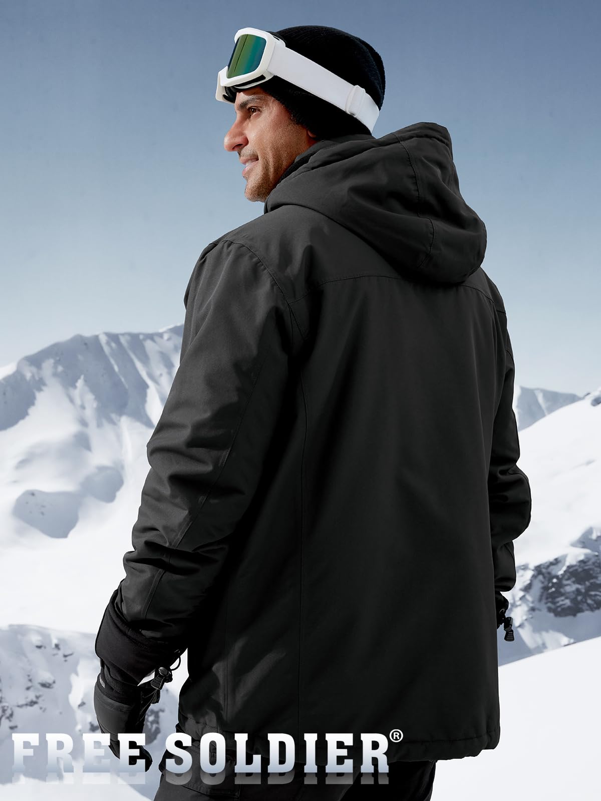 FREE SOLDIER Men's Waterproof Ski Jacket Fleece Lined Warm Winter Snow Coat with Hood Fully Taped Seams(Black,M)