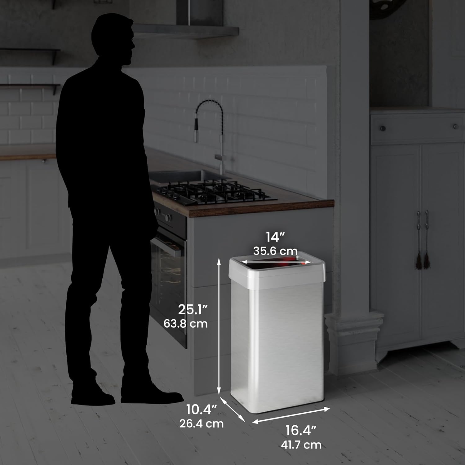 iTouchless Touchless Open Top Trash Cans with AbsorbX Odor Filter, Stainless Steel, Rectangular 16 Gallon
