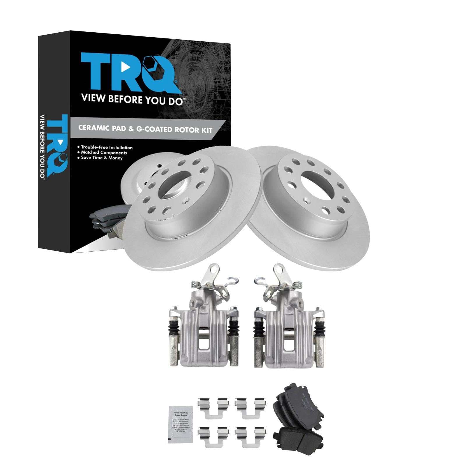 TRQ Rear Brake Pad and Rotor Set Ceramic G Coated Rotors Calipers Compatible with 2010 Audi A3 A3 Quattro Volkswagen Golf Jetta 2011 GTI