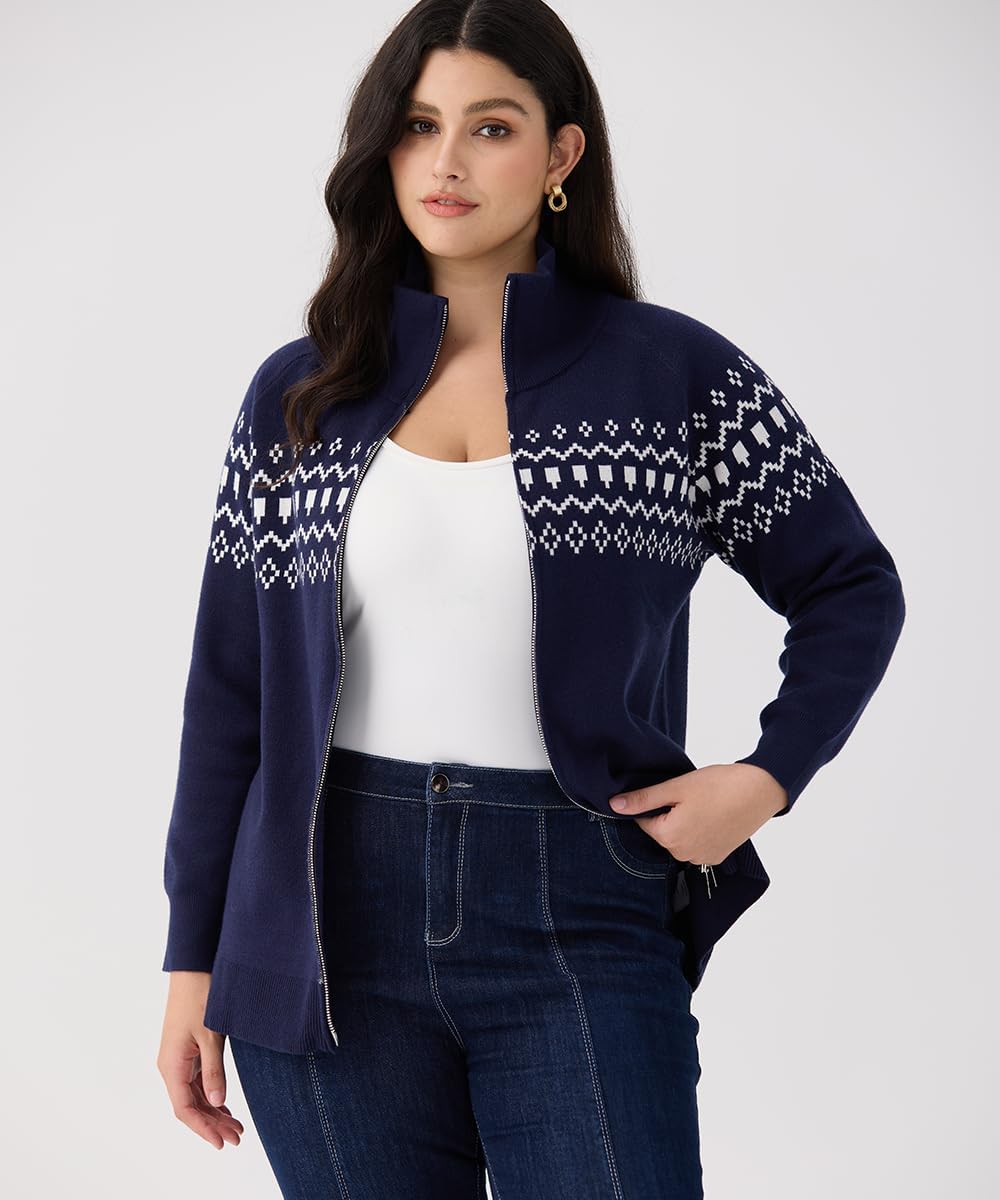 CARCOS Women's Plus Size Cardigan Zip Up Lightweight Long Sleeve Knit Sweaters Oversized Collared Casual Jacket XL-5XL - Image 4