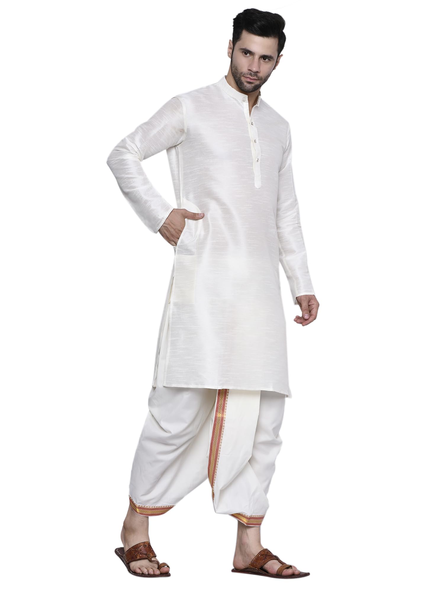 Rameshwaram FabricsReadymade Dhoti for men with Silk Kurta Set, Suitable for Pooja, Festival