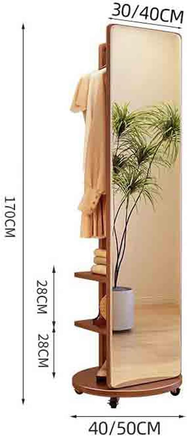 Floor-Standing Solid Wood Rotating Coat Rack，360° Rotating Full Body Mirror with Coat Rack 2 in 1 Wood Floor Mirror and Coat Rack for Living Room Bedroom and Cloakroom