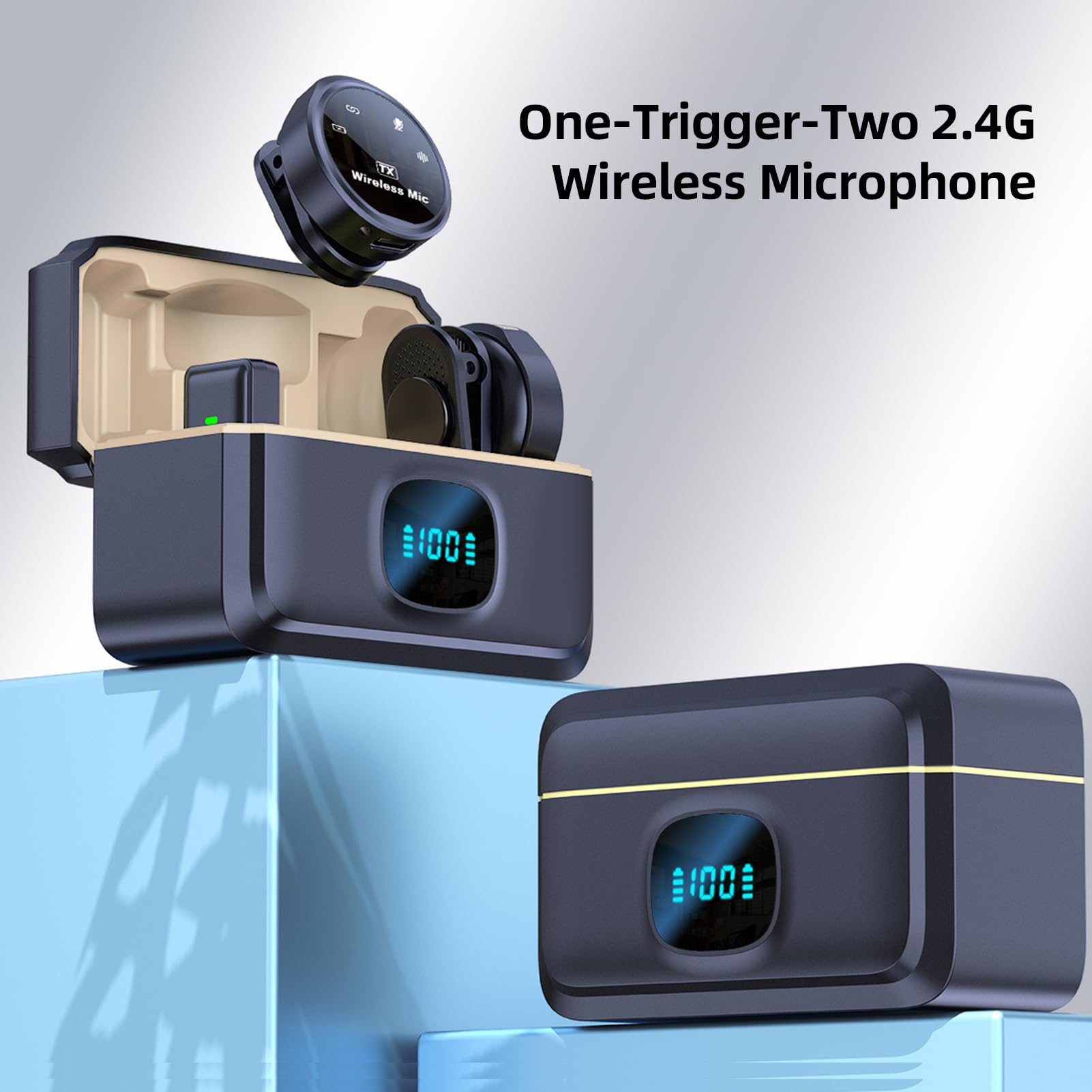 Andoer Micrófono inalámbrico One-Trigger-Two 2.4G Micrófono con Clip magnético para teléfono Inteligente Cancelación de Ruido Monitoreo en Tiempo Real Batería incorporada con Estuche de Carga