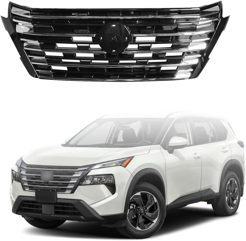 Rogue Grill, Front Bumper Upper Grille Chrome & Black Fits 2024-2025 Nissan Rogue S SL SV Platinum,W/O Camera Hole 623104MT0A