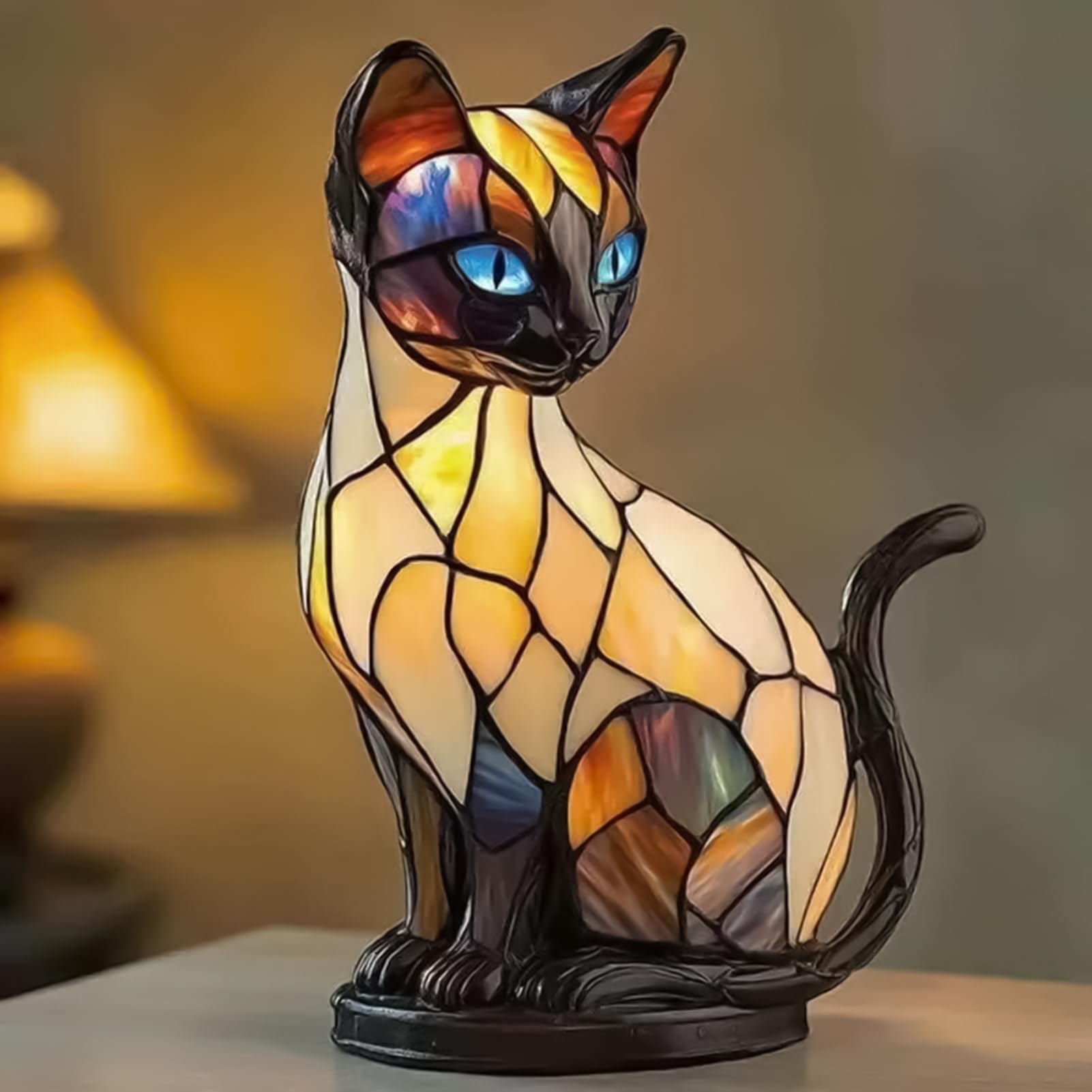 Animal Stained Glass Lamp, glowing Cat Lamp, Vintage Resin Cat Lamps Stained Glass, Cats Lamps For Cats Lovers, Handmade Resin LED Animal Bedside Table Night Light, Fireplace Mantel Bar Decorations