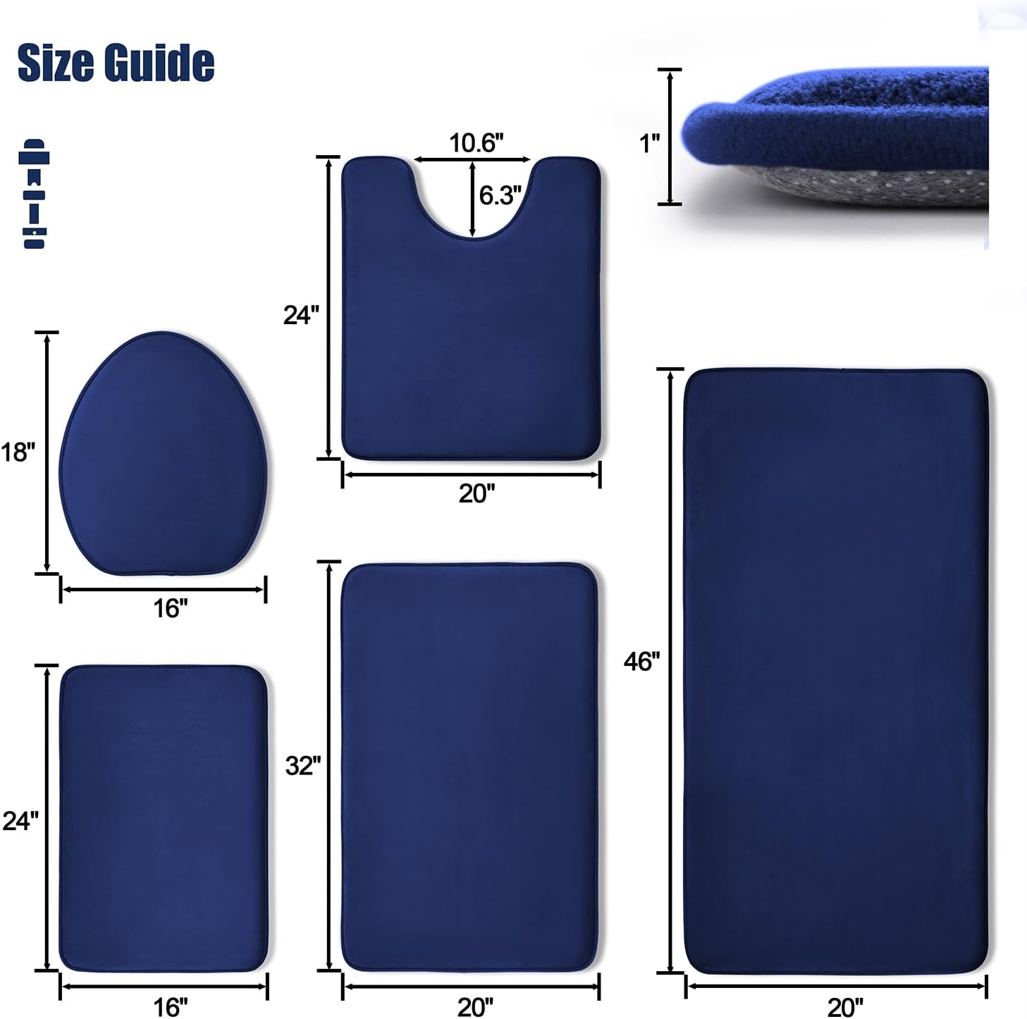 YIHOUSE Bathroom Rug Set 5 Piece, Memory Foam Bath Mat Set, Super Absorbent Bath Mats for Floor - Non-Slip & Washable Bathroom Rugs - Dry Quickly Bath Rugs, Dark Blue - Image 2