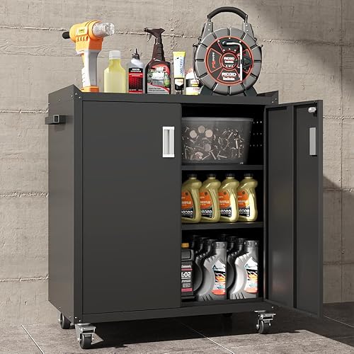 COFaR Heavy-Duty Rolling Storage Cabinet, 2-Door Metal Garage Cabinet with 2 Adjustable Shelves, Lockable Wheels & Locking Doors, 35"H Large Capacity Tool Chest for Workshop, Garage, Warehouse - Black