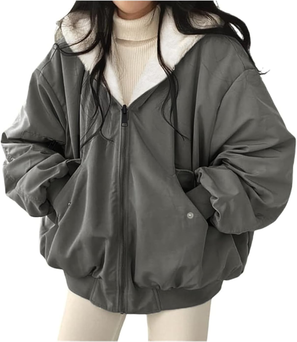 Women Fleece Lined Jacket Winter Warm Reversible Sherpa Coat Fashion Hooded Zip Up Outerwear with Pockets(Black,S)