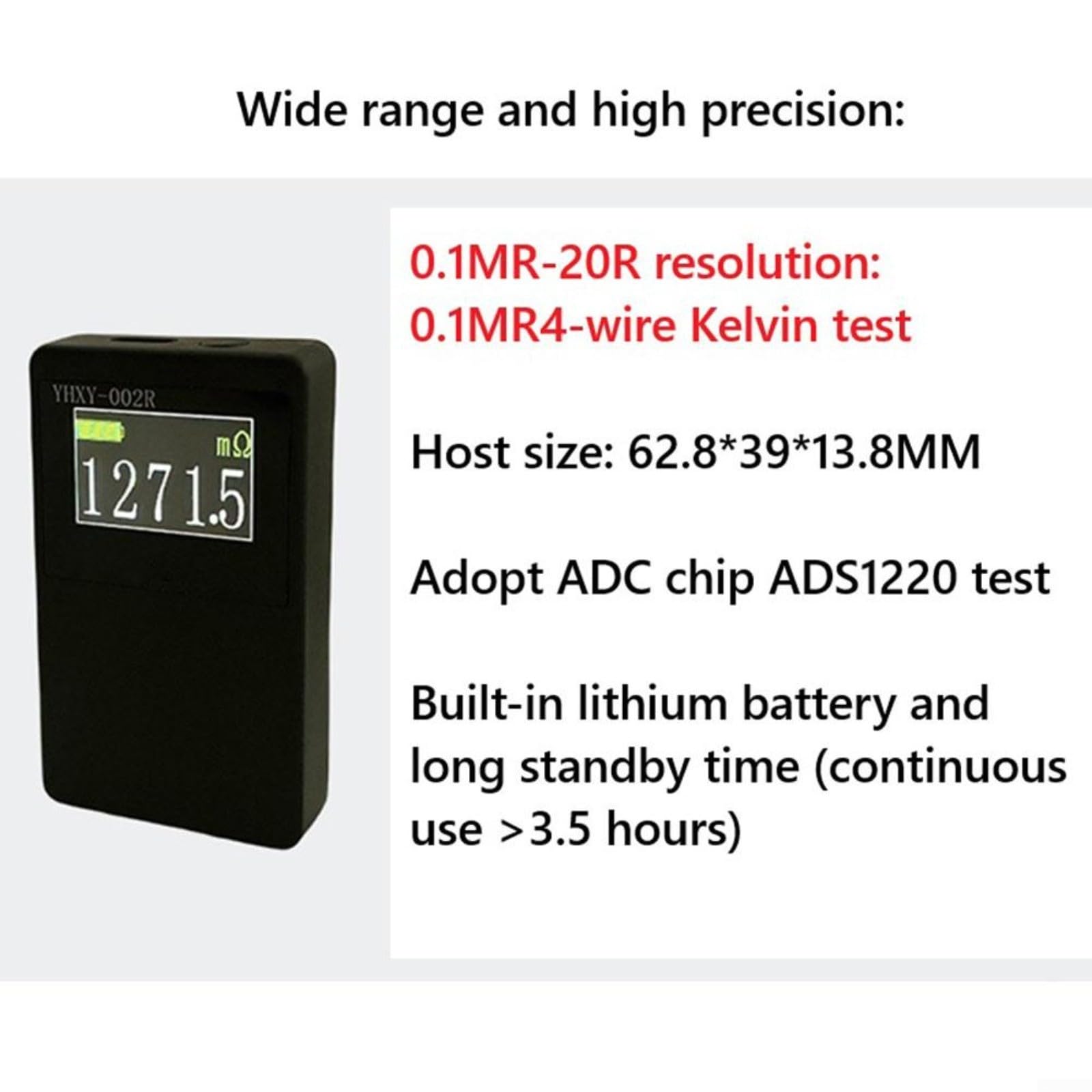 DC Milliohmmeter 0,03% Genauigkeit Widerstandsprüfer mit LCD-Display, 0,1 mR-20 Ω Bereich, 4-Draht-Kelvin-Kurzschlusstester, Typ-C wiederaufladbar, tragbar, schwarz (groß)