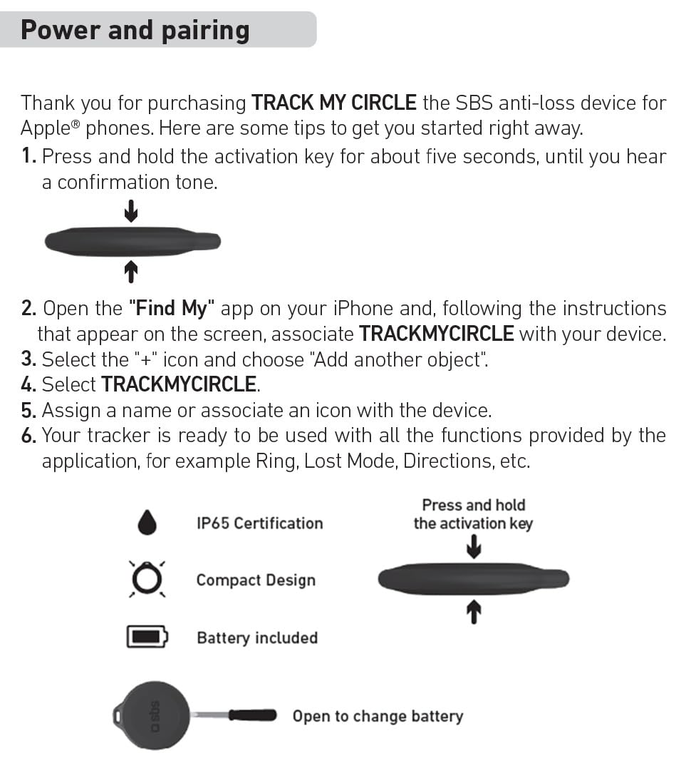 SBS Track My Circle Localizzatore Chiavi Compatibile Apple Dov'È 100 dB IP65 Impermeabile Bianco