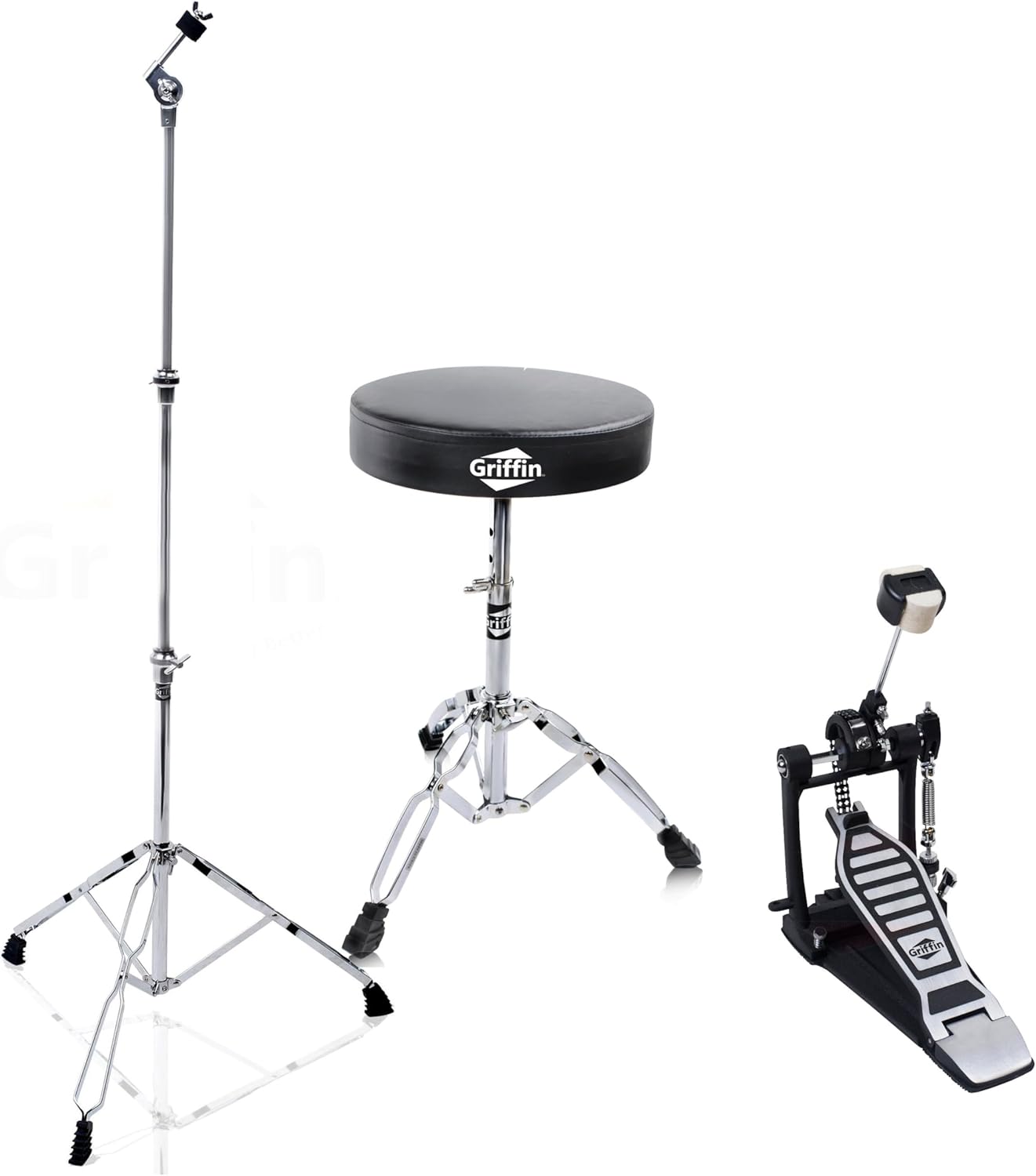 GRIFFIN Drum Hardware Set (Percussion TiltPro X Edition) 3 Pack Combo – Kick Pedal, Drum Throne & Cymbal Stand – Chrome Kit for Mounting Crash, Ride & Splash Cymbals