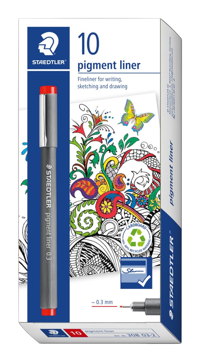 STAEDTLER 308 03-2 Pigment Liner Fineliner Pen for Writing & Technical Drawing - Red, 0.3mm (Box of 10)