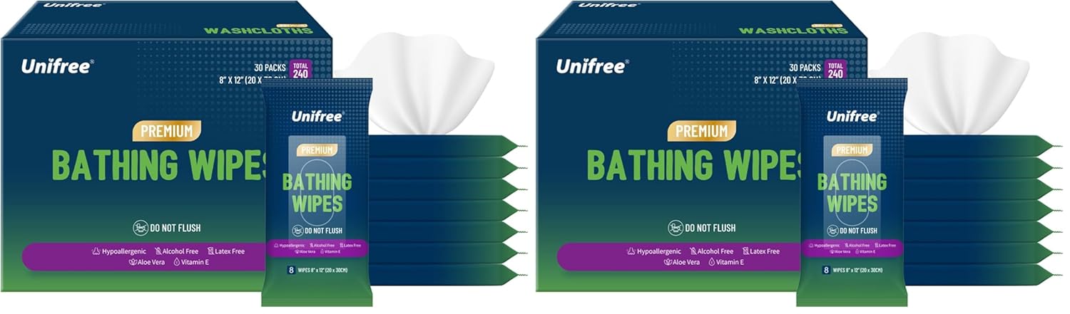 Unifree Bathing Wipes for Adults w/Aloe Waterless Cleansing for sensitive skin Disposable Adult Body Bath Wet Wipe 30 Count (Pack of 16)