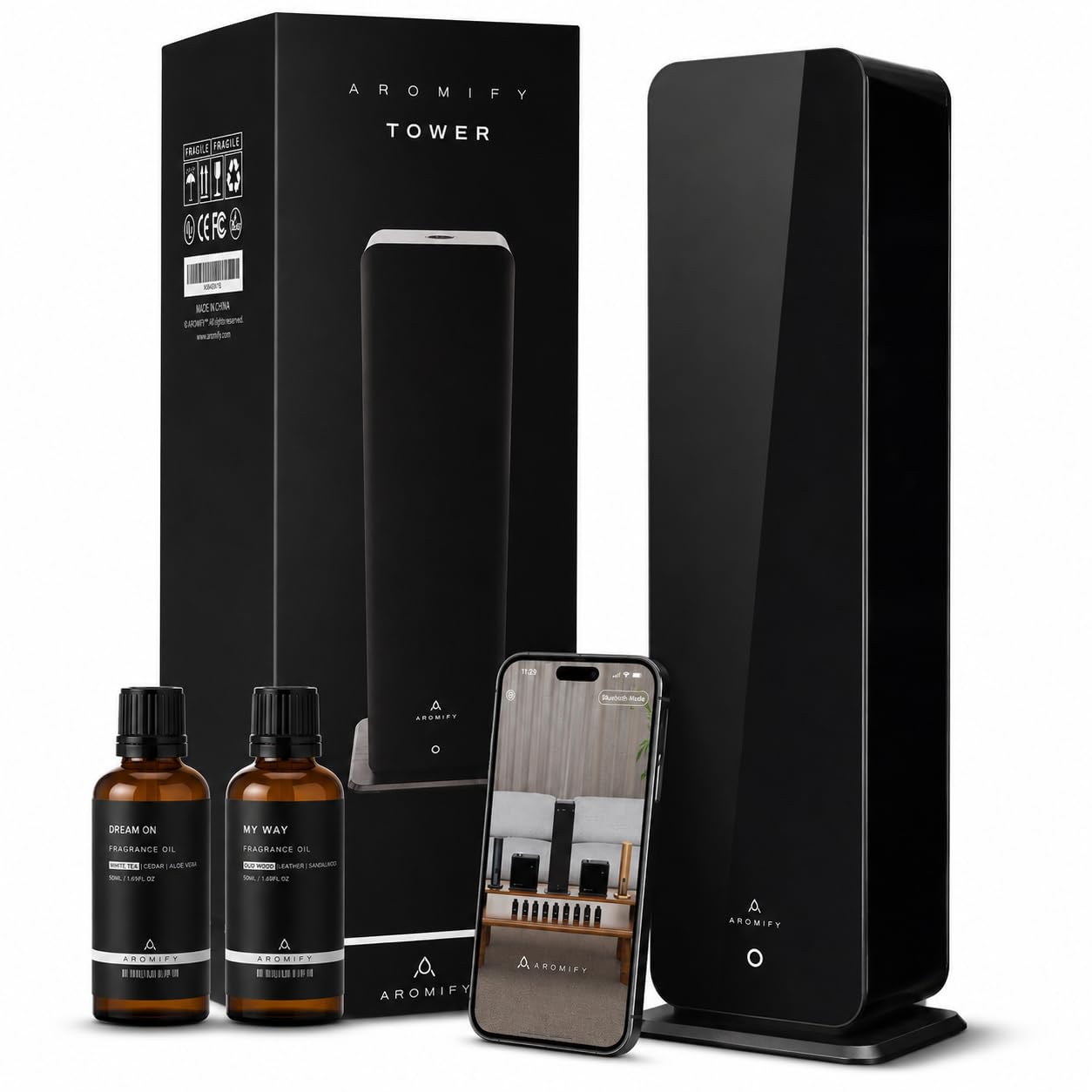Tower Diffuseur d'arômes pour la maison, le bureau et le spa, couvre 3 500 m², diffuseur d'huiles essentielles pour la maison, le bureau et le spa, diffuseur d'aromathérapie sans eau, Bluetooth