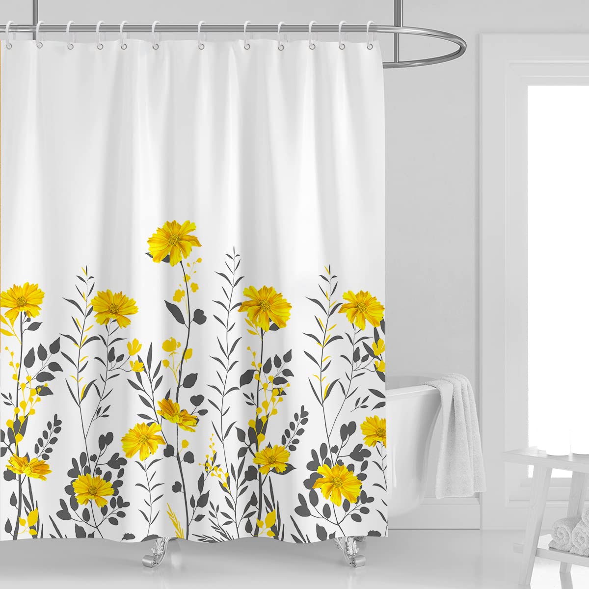 Kikiry Yellow Shower Curtain 60''W x 72''L Floral Grey Gray White Boho Flowers Botanical Wildflower Elegant Cute Leaves Spring Girls Women Pattern