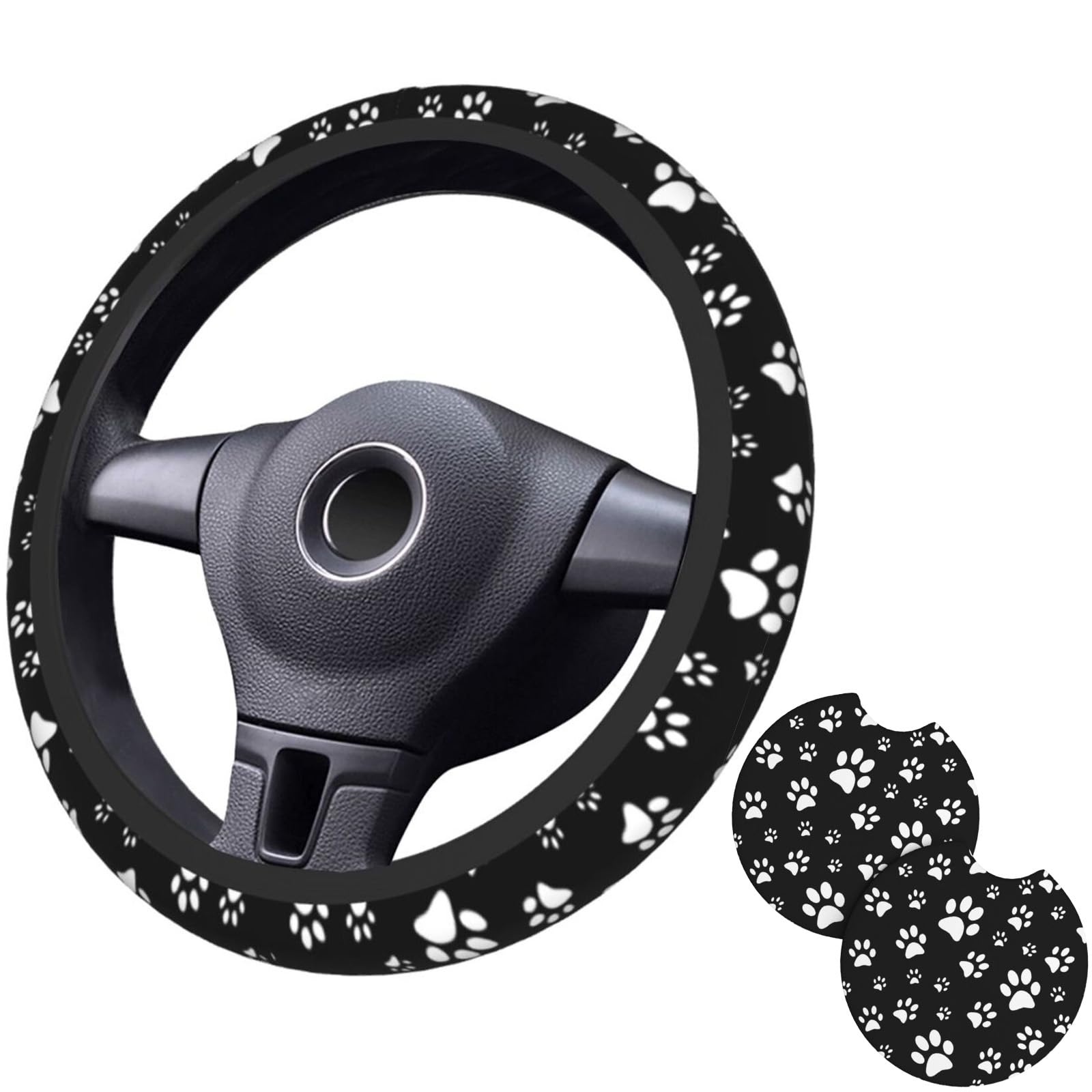Black and White Dog Cat Paw Print Steering Wheel Cover for Women Men with 2 Pcs Car Coasters, 15 Inches Neoprene Anti-Slip Cute Universal Car