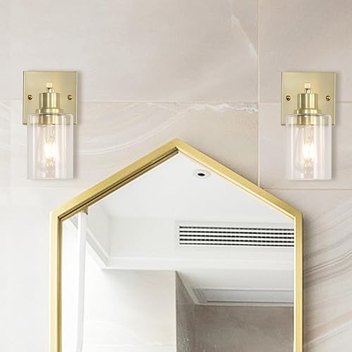 Miniatura 66 de Lámparas de pared modernas de 3 luces doradas para tocador de baño, luces de pared de latón cepillado con pantallas de vidrio transparente, Oro