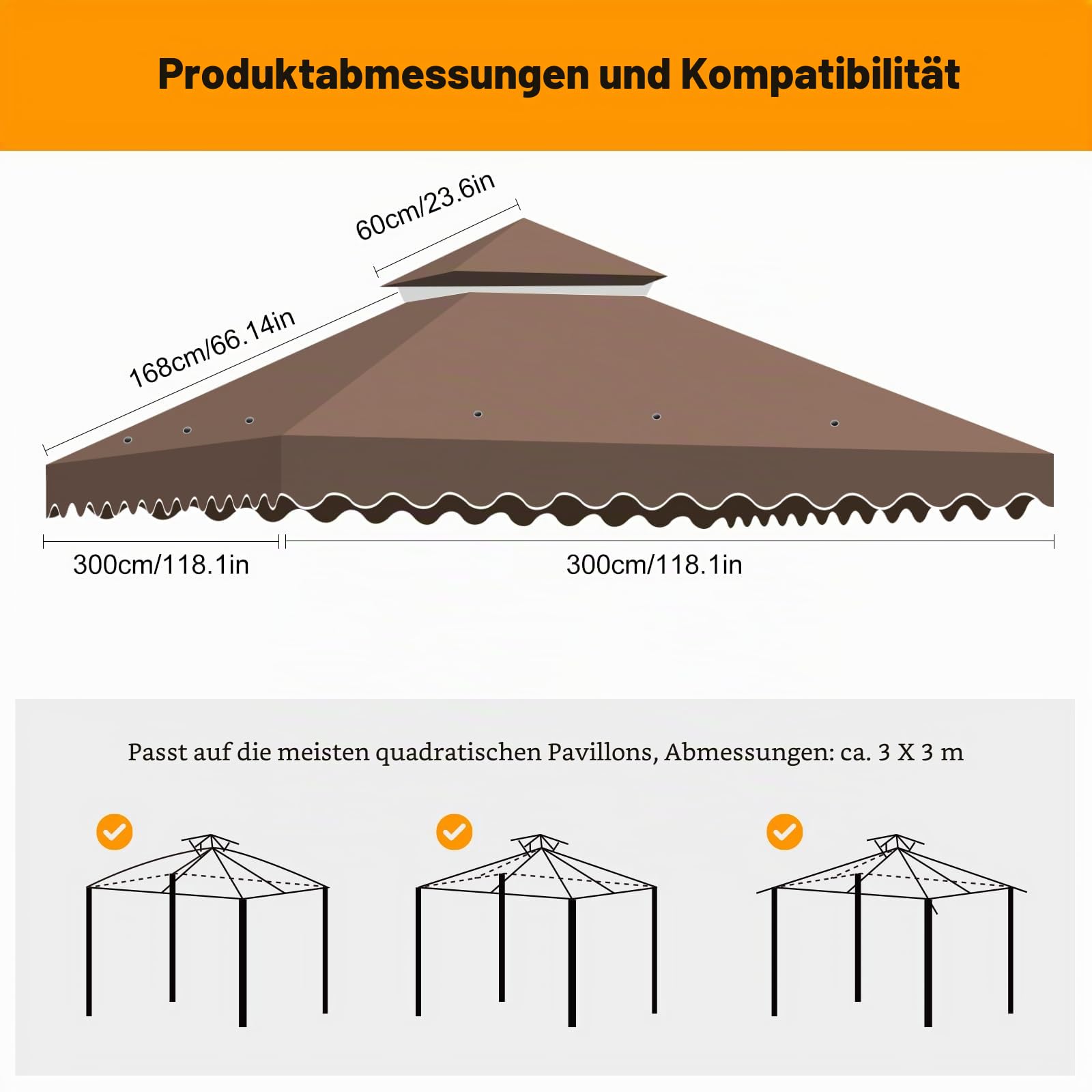 Ersatzdach Pavillon 3x3M Wasserdicht, Stabil Winterfest Doppeldach mit Air Vent, 2-Tier Pavillondach Anti-UV, Abnehmbares Gazebo Ersatz Dach für Garten/Camping/Terrasse