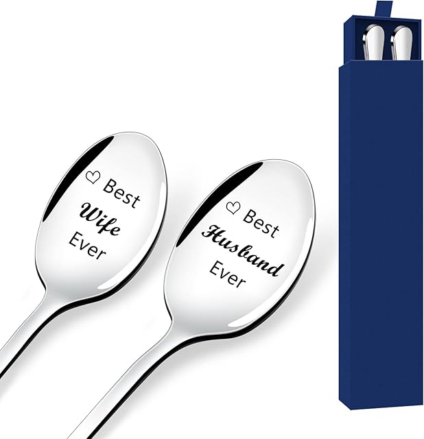 Gifts for Him and Her Ice Cream Spoons Wedding Gifts for Bride and Groom, 2 Pcs Stainless Steel Engraved Coffee Spoon Engagement Gifts for Couples His and Hers Gifts for Valentines Day