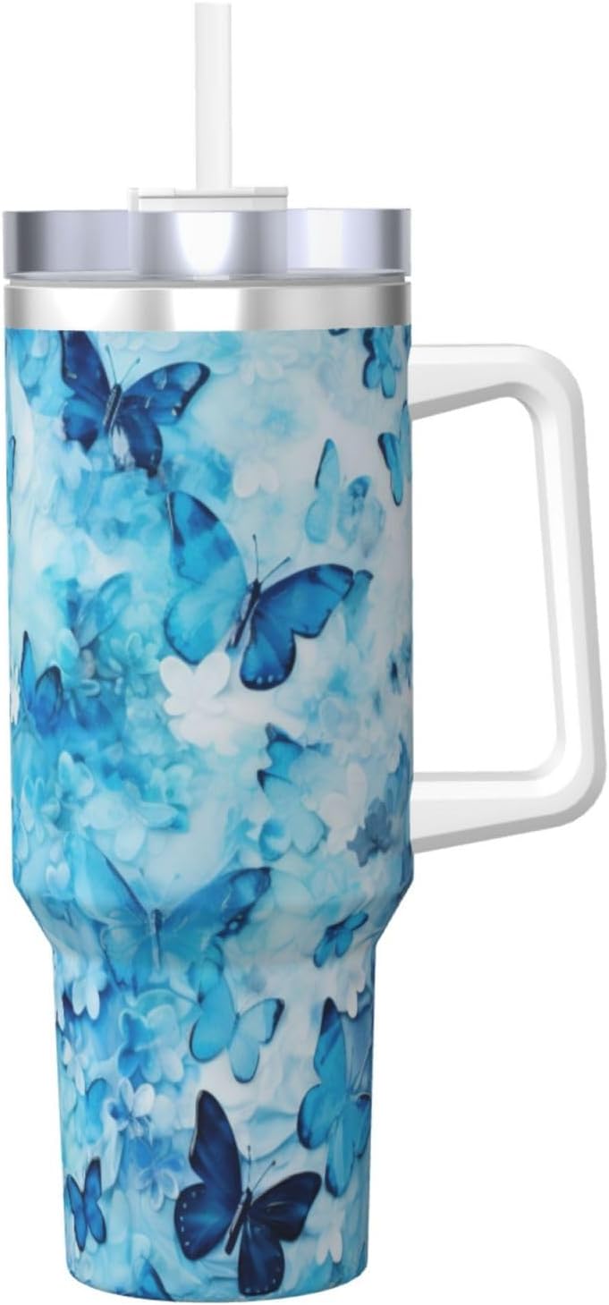 40 OZ Blue Butterfly Print Ice Bully Cup with Handle Straw Lid Straw,Stainless Steel Tumbler Coffee Cup