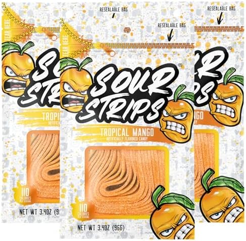 Sour Strips Sour Candy Belts, Mango, Resealable Candy Bags, 3.4 Ounce (Pack of 3)