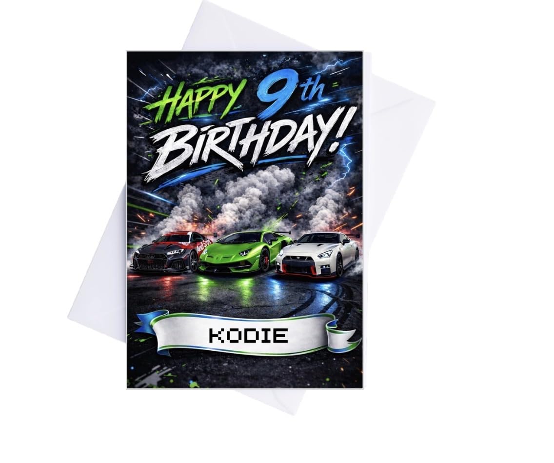 Personalized Racing Car Birthday Card | Custom Name, Age & Message | Boys Sports Car Birthday Card | Matte Photo Card 300gsm | Any Age (Style 4)