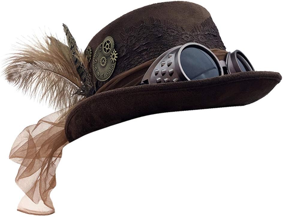 Atiitude Studio Brown Steampunk Fedora Hat - Stylish Victorian Hat with Steampunk Googles, Feather For Hat and Decorative Lace, Fancy Steampunk Accessories Costume Hat for Halloween, Cosplay Parties