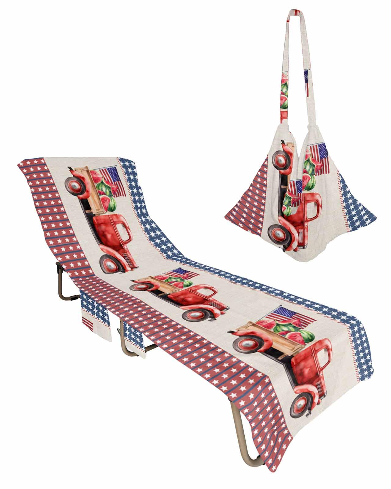 4th of July Beach Lounge Chair Towel Cover, Soft Chaise Lounge Towel with Side Pockets Patio Pool Chairs Cover for Beach/Pool Sunbathing 29x85 Blue Red Plaid Truck Summer Watermelon Rustic