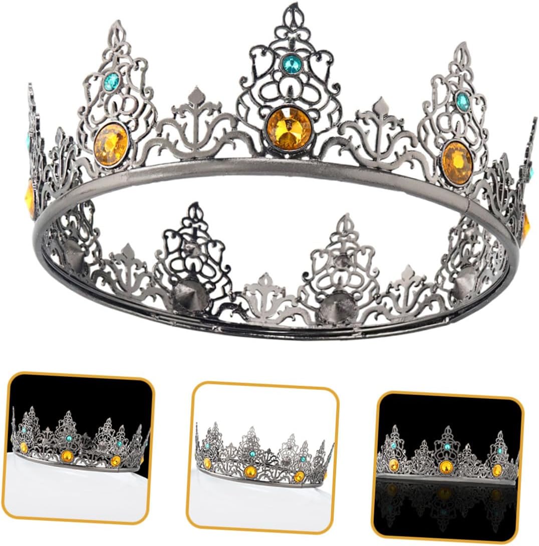 Abaodam Men’s Antique Metal Royal Crown, Vintage Baroque Full round Regal Hair Circlet, Shiny Prince Headpiece for Birthday Party, Cosplay, Prom, and Costume Accessories