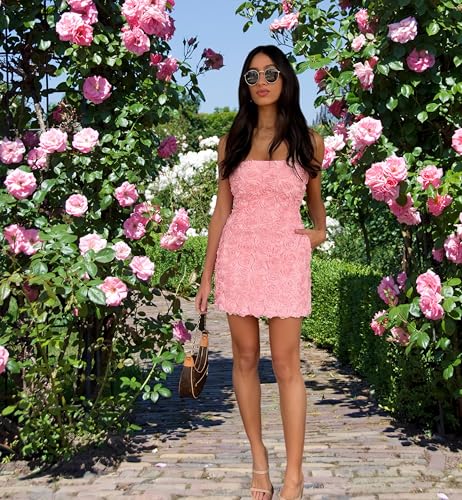 Image of Womens Strapless Mini Dress Sexy Short Bodycon Off Shoulder Stretchy 3D Floral Appliques Tube Top Cocktail Party Dress